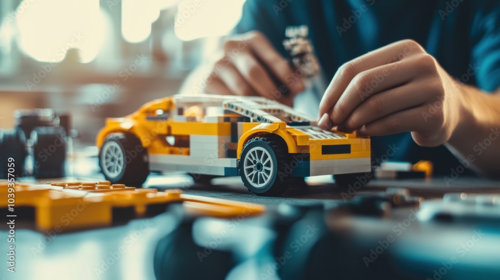 Poster A creative workshop with engineers constructing prototype vehicles using modular blocks, Blocks arranged for vehicle design, Automotive innovation style