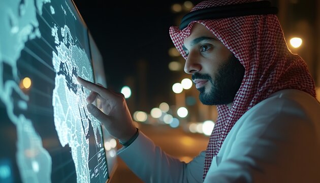 Arab businessman using an interactive world map display at night.