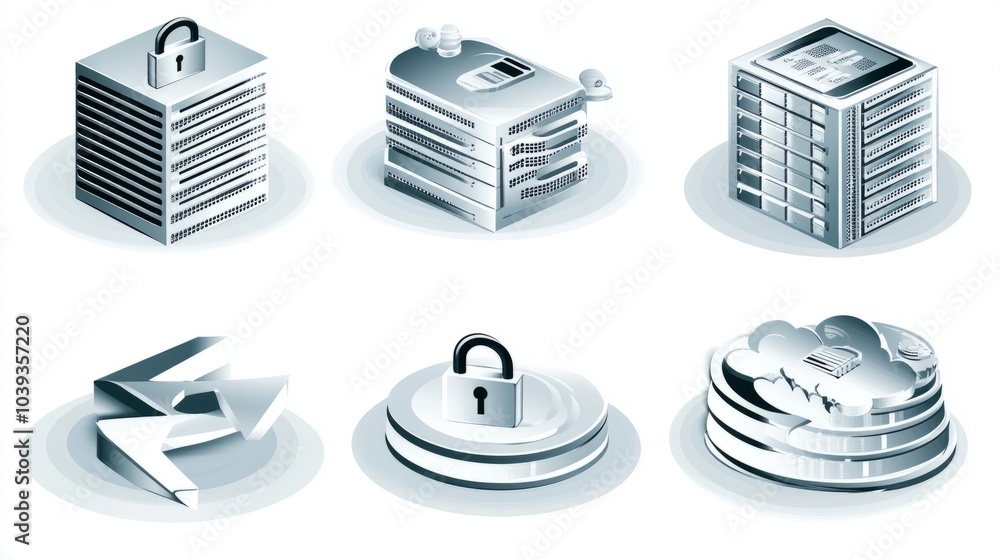 Poster server icons - secure data transfer, cloud computing, protection.