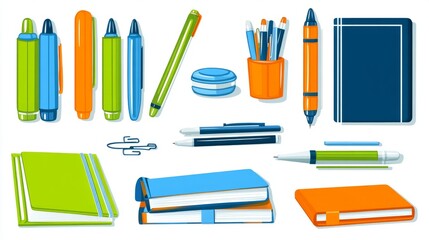 Set of colorful stationery items.