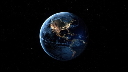 Obraz premium A view of Earth from space, showcasing illuminated landmasses against a dark background.