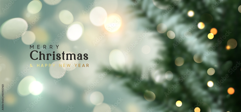 Poster blurred christmas tree branches with soft glowing lights and bokeh effects in background. christmas 