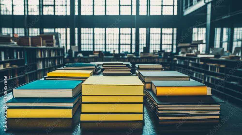 Aufkleber stacks of books in a library with large windows in the background.
