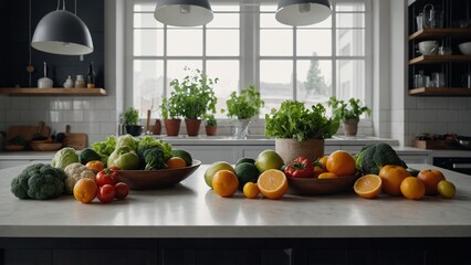 Interior of modern kitchen with vegetables, Fresh fruits and salad on table. 
