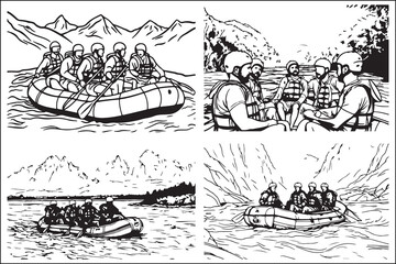 Black and White Rafting on the Lake vector illustration