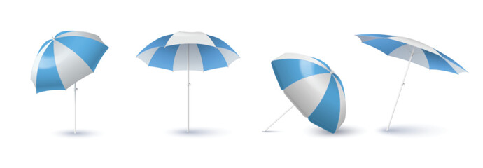 White and blue beach umbrella mockup. Realistic 3d vector set of blank sunshade parasol for branding and advertising. Safe summertime leisure protection accessory in different angles of view. © klyaksun