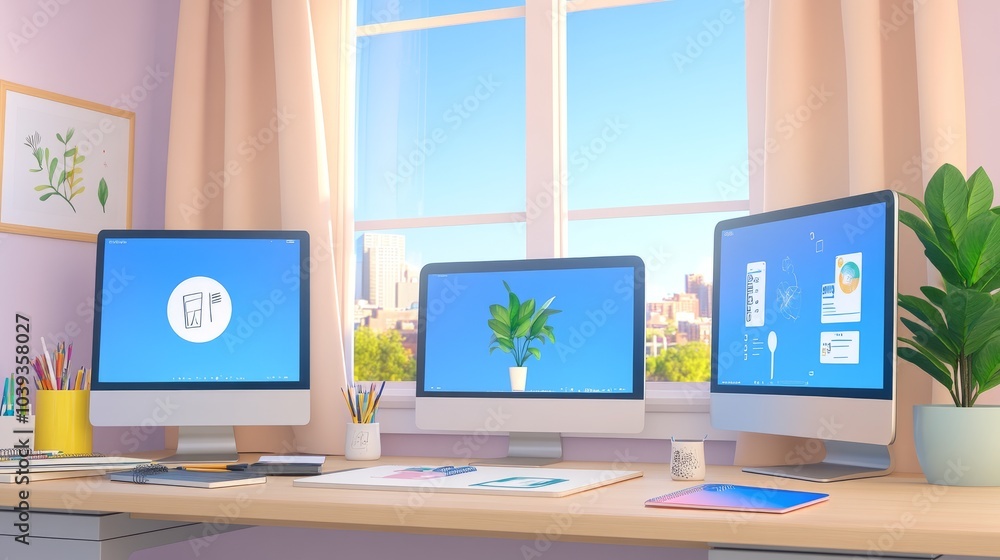 Poster three computer monitors on a desk with pencils and notebooks.