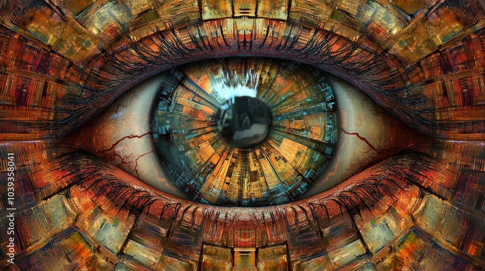Poster a surreal depiction of an eye with intricate patterns and reflections, symbolizing perception.