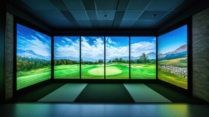 A cutting-edge golf simulator room with panoramic views of a digital landscape, Virtual fairways on high-definition screens, Futuristic gaming style