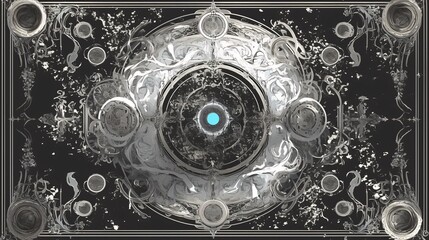 Intricate black and white ornamental frame, with symmetrical geometric shapes and flowing lines forming a detailed, decorative border.