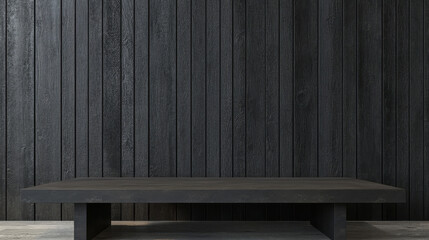 dark gray wooden backdrop with minimalist table creates modern and sleek atmosphere, perfect for product photography or interior design. texture adds depth and elegance