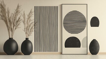 Abstract mid-century aesthetic set with hand-drawn stripe lines and geometric shapes in monochrome, designed for wall decoration