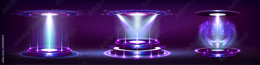 Poster purple hi tech portal with neon light glow effect for game ui design. realistic 3d vector illustrati