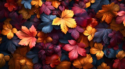Fototapeta premium Autumn Leaves Pattern - Red, Orange, Yellow and Blue Foliage Background Texture.