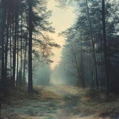Naklejka premium Landscape with foggy morning in forest