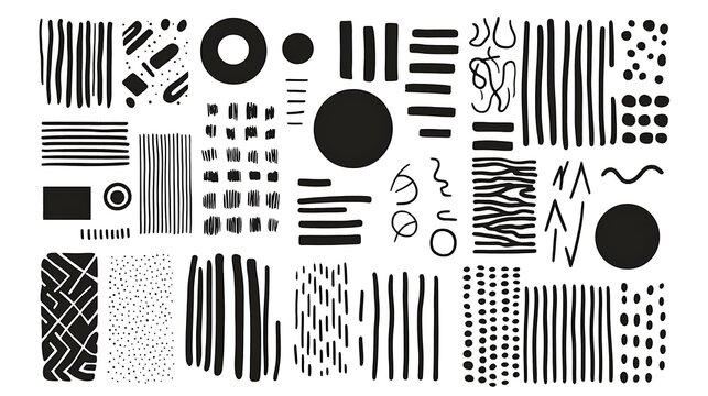 Hand-drawn minimalist elements with geometric shapes and stripe line art in a monochrome color palette, designed for wall art or wallpaper