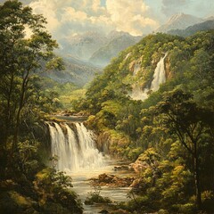 Fototapeta premium Landscape with forest and waterfall