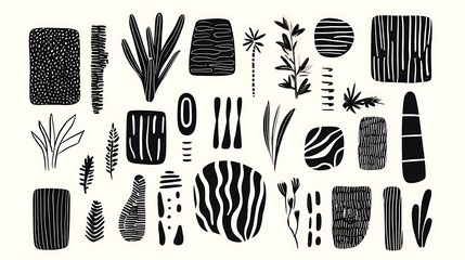 Mid-century inspired abstract set of hand-drawn geometric shapes and stripe lines in black and white, suitable for minimalist wall decor