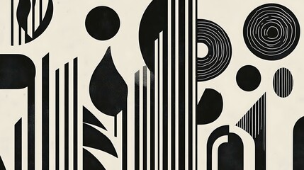 Mid-century inspired abstract set of hand-drawn geometric shapes and stripe lines in black and white, suitable for minimalist wall decor