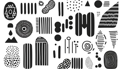 Mid-century inspired abstract set of hand-drawn geometric shapes and stripe lines in black and white, suitable for minimalist wall decor