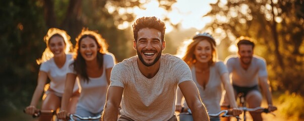 Panorama of joyful friends enjoying riding bicycle together, Generative AI