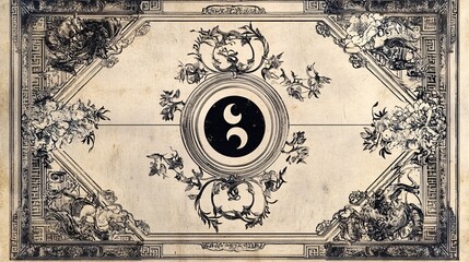 Intricate square-shaped border, featuring complex patterns and Yin and Yang symbols in each corner, combining spiritual symbolism with ornamental design.