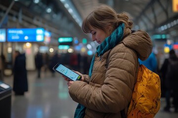 Passenger scanning boarding pass on phone at airport, Generative AI