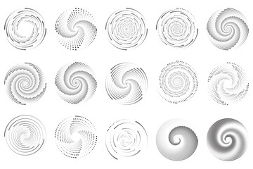 Abstract spiral dot logo. Vector icon circle swirl. Round circle background line. Set of radial element. White and black graphic illustration.