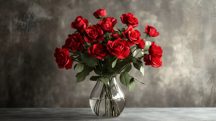 Obraz premium Bouquet of red roses in vase on wooden table,Beautiful valentines roses on dark background,Love in bloom, Valentine's Day roses, romantic and vibrant