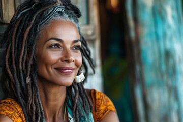 Fototapeta premium Mature woman with dreadlocks looking away with a happy smile, Generative AI