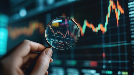 A hand holding a magnifying glass over fluctuating stock market graphs.
