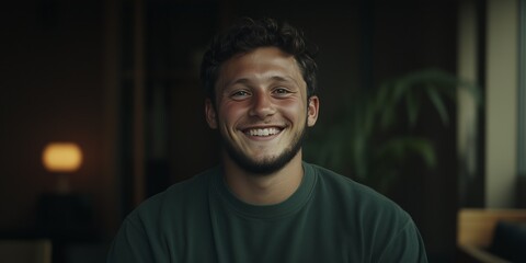 Obraz premium Cheerful Young Man Smiling in a Cozy Indoor Setting with Natural Light