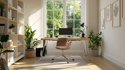 A bright home office setup with a spacious desk, a stylish chair, and an abundance of natural light flooding in, promoting creativity