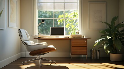 A chic home office featuring a contemporary desk, a simple chair, and sunlight filtering through a window, creating a calm atmosphere
