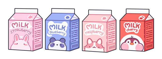 Milk cardboard package with fruit and berry flavor and kawaii animal characters image. Cartoon vector dairy children product with cute funny bunny and panda bear, cat and penguin face on carton box © klyaksun