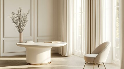 A chic home office setup with a round desk, an elegant chair, and natural light flooding in, creating a bright and inviting workspace
