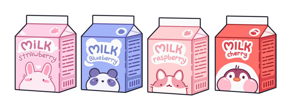 Milk cardboard package with fruit and berry flavor and kawaii animal characters image. Cartoon vector dairy children product with cute funny bunny and panda bear, cat and penguin face on carton box
