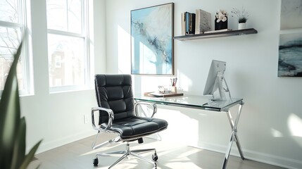 A contemporary workspace with a glass desk, a black chair, and a wall-mounted shelf displaying art pieces, highlighting the natural light pouring in