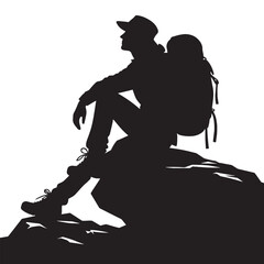 Silhouette of a hiker sitting on a rock with a backpack on.