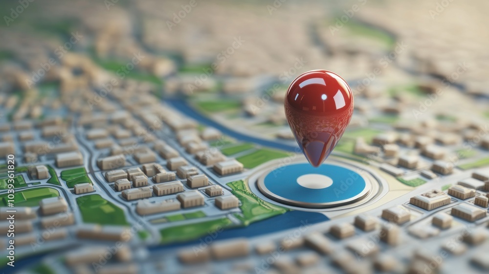 Poster a 3d map view featuring a red location pin on a cityscape.