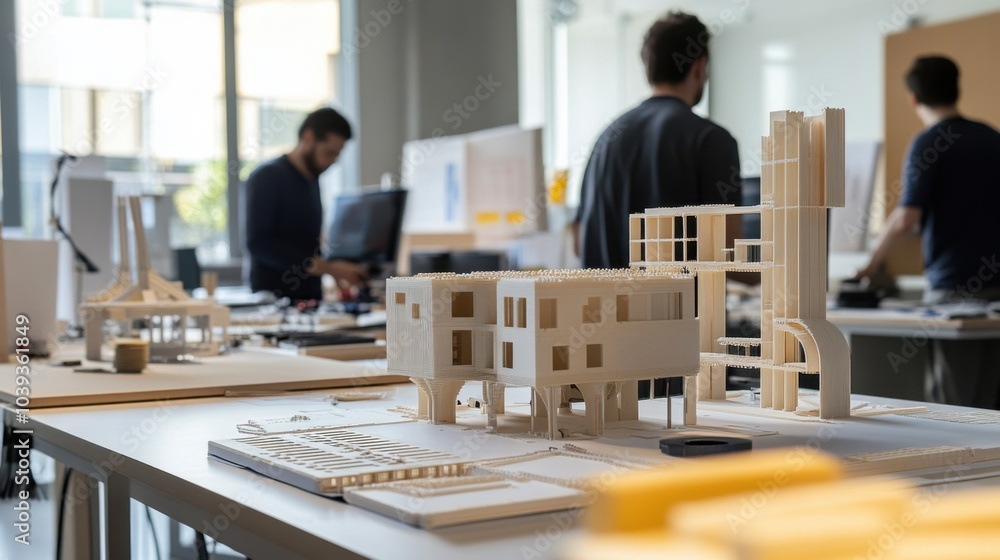 Poster A dynamic engineering lab with researchers developing modular housing solutions using blocks, Blocks integrated into modular housing prototypes, Housing innovation style