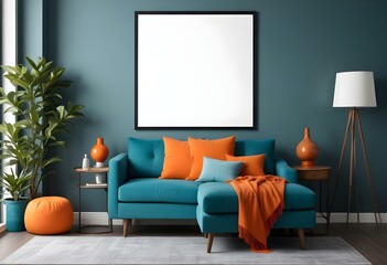 A modern living room with a teal blue sofa, orange throw pillows, and a large framed blank wall.