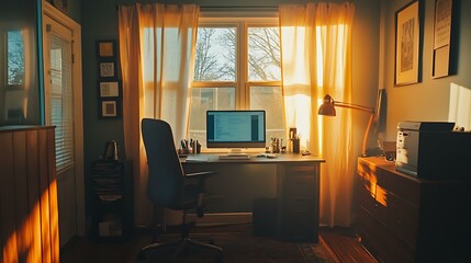 Fototapeta premium A functional home office setup with a clean desk, an ergonomic chair, and ample sunlight streaming through a window, enhancing productivity