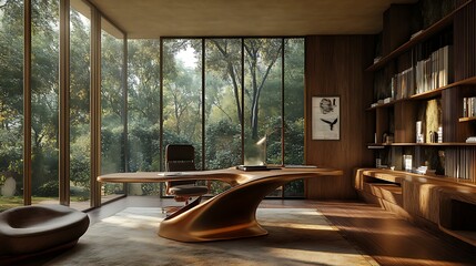 A home office with a unique desk design, a plush chair, and a large wall of windows that create a serene and bright working environment