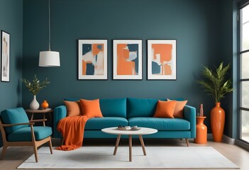 A modern living room with a teal blue sofa, orange throw pillows, and a large framed blank wall.