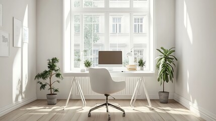 A minimalistic workspace with a white desk, a stylish chair, and a large window that brings in plenty of sunlight and fresh air
