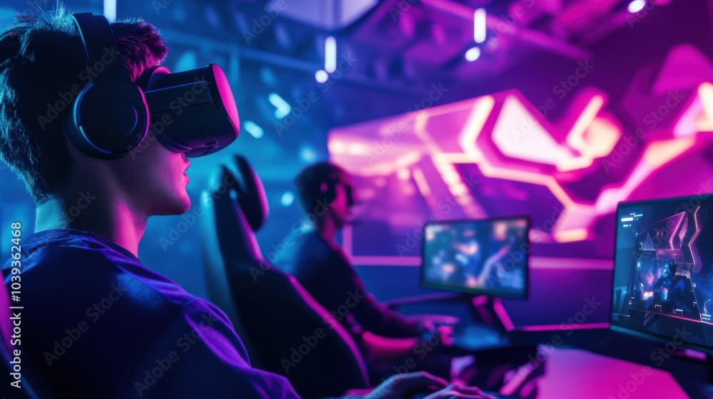 Poster A dynamic eSports arena with gamers competing in virtual reality games with blocks, Blocks integrated into VR gaming setups, eSports competition style