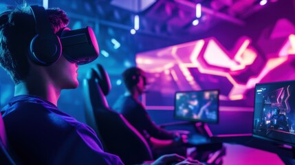 A dynamic eSports arena with gamers competing in virtual reality games with blocks, Blocks integrated into VR gaming setups, eSports competition style