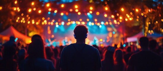 A man stands facing a stage with a crowd of people in front of him at an outdoor concert.  The stage is lit up with bright lights and there are many people in the crowd.