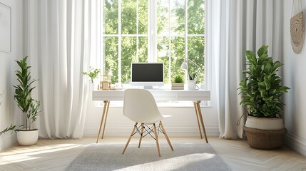 A stylish home office with a bright white desk, a comfortable chair, and a large window that fills the room with sunlight and a view of the outdoors